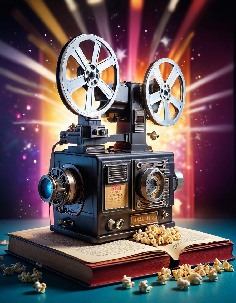 A whimsical cinema scene bursting with color, featuring a vintage film projector casting light onto a large, open book filled with movie reviews. Surround the book with various iconic movie posters and popcorn, while film reels and tickets float around in a dreamy atmosphere. This image should evoke excitement and curiosity about exploring the world of cinema. vibrant colors. 3D. cinematic style.