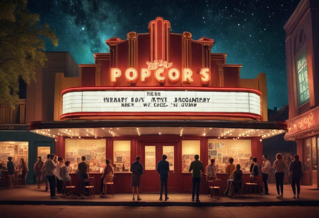 A whimsical cinema scene with a glowing marquee showcasing classic and indie film posters, a diverse group of people enjoying popcorn and laughing, surrounded by magical film reels and twinkling stars in the night sky. The background features a tall, vintage cinema building with a touch of art deco style. vibrant colors. super-realistic. dreamy atmosphere.