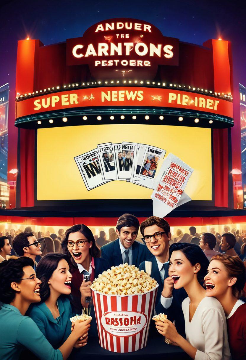 A vibrant film reel unspooling, revealing scenes from various popular movies like thrilling action sequences and heartwarming moments. Surrounding it, a diverse group of excited film buffs engaged in animated discussions, holding popcorn and notepads. In the background, a classic cinema marquee lights up with the words 'Latest Movie News'. The color palette is bright and engaging, capturing the essence of cinematic passion. super-realistic. vibrant colors. cinematic atmosphere.